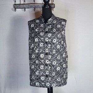 C.J. Banks Black White Floral Print Sleeveless Cotton Poly Lined Quilted Vest 2X